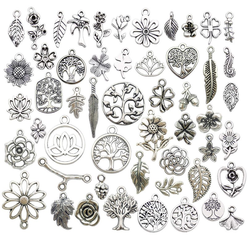 Youdiyla 100pcs Mix Silver Tree Flower Charms Collection, Bulk Mini Small Little Charms Metal Pendant Craft Supplies Findings for Necklace and Bracelet Jewelry Making (HM291) - Image 1